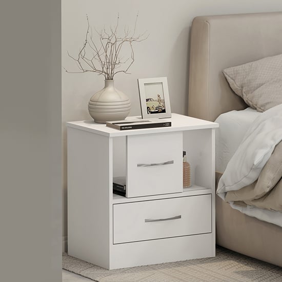 Product photograph of Mack High Gloss Bedside Cabinet With Sliding Door In White from Furniture in Fashion