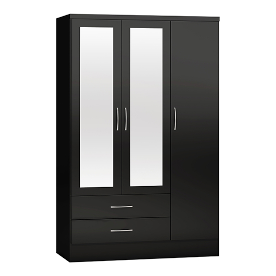 Read more about Mack mirrored gloss wardrobe with 3 doors 2 drawers in black