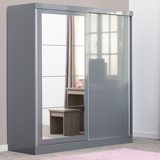 Photo of Mack mirrored high gloss sliding wardrobe with 2 doors in grey