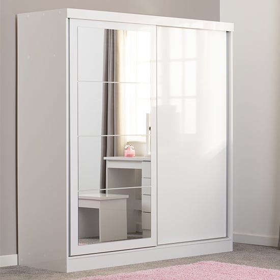 Product photograph of Mack Mirrored High Gloss Sliding Wardrobe With 2 Doors In White from Furniture in Fashion