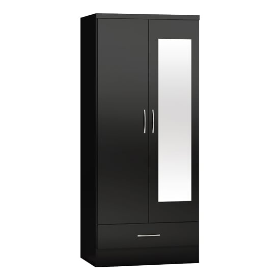 Product photograph of Mack Mirrored Gloss Wardrobe With 2 Doors 1 Drawer In Black from Furniture in Fashion