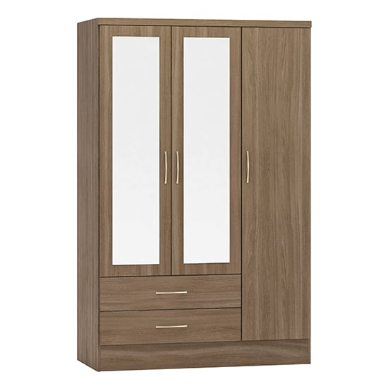 Mack Mirrored Wardrobe With 3 Door 2 Drawer In Rustic Oak Effect