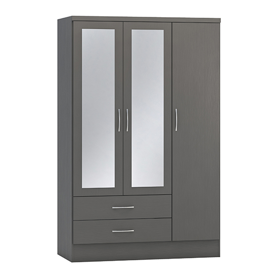Mack Mirrored Wardrobe With 3 Doors 2 Drawers In 3D Effect Grey