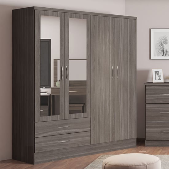 Product photograph of Mack Mirrored Wardrobe With 4 Door 2 Drawer In Black Wood Grain from Furniture in Fashion