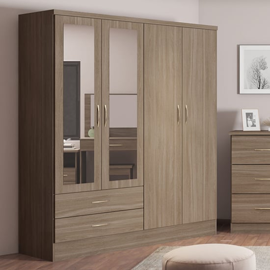 Product photograph of Mack Mirrored Wardrobe With 4 Door 2 Drawer In Rustic Oak Effect from Furniture in Fashion