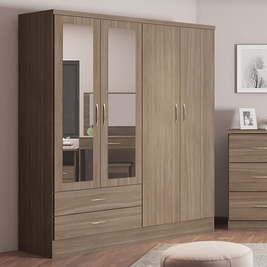 Photo of Mack mirrored wardrobe with 4 door 2 drawer in rustic oak effect