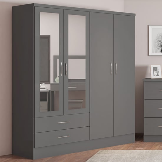 Product photograph of Mack Mirrored Wardrobe With 4 Doors 2 Drawers In 3d Effect Grey from Furniture in Fashion