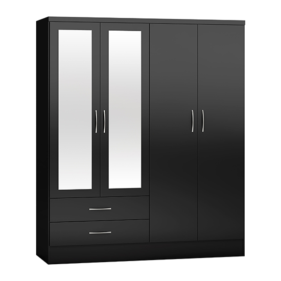 Mack Mirrored Gloss Wardrobe With 4 Doors 2 Drawers In Black