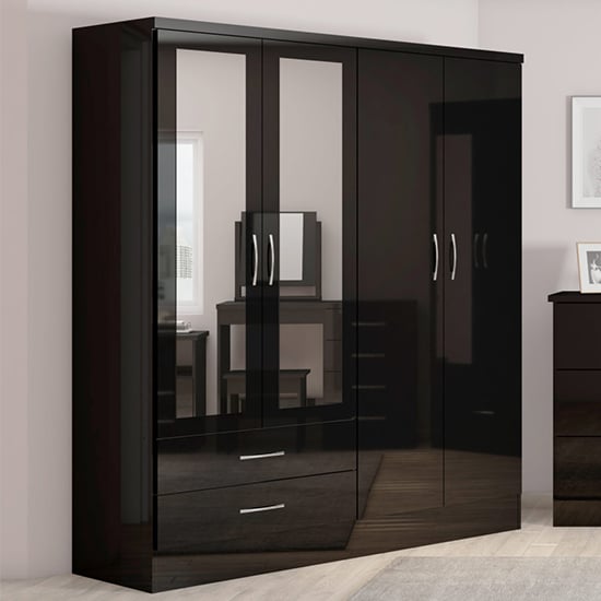 Photo of Mack mirrored gloss wardrobe with 4 doors 2 drawers in black