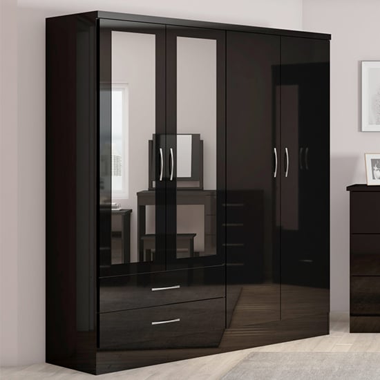 Mack Mirrored Gloss Wardrobe With 4 Doors 2 Drawers In Black