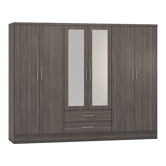 View Mack mirrored wardrobe with 6 doors in black wood grain