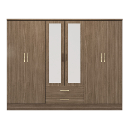 Mack Wooden Wardrobe With 6 Doors 2 Drawers In Rustic Oak