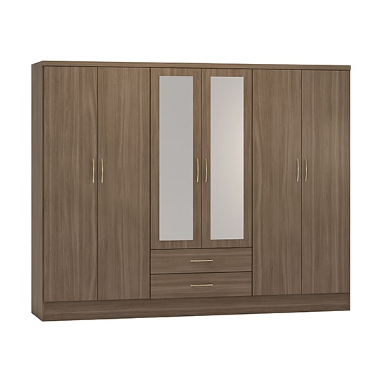 Product photograph of Mack Mirrored Wardrobe With 6 Doors In Rustic Oak Effect from Furniture in Fashion