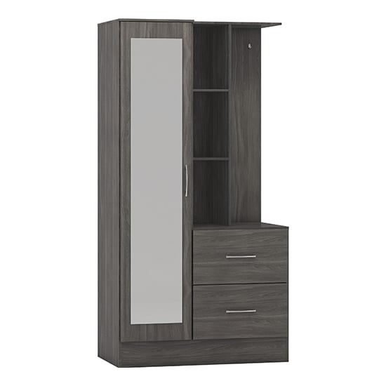 Product photograph of Mack Mirrored Wardrobe With Open Shelf In Black Wooden Grain from Furniture in Fashion