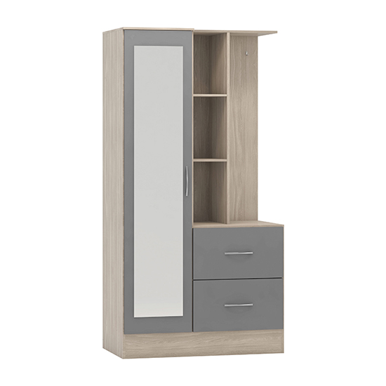 Product photograph of Mack Mirrored Gloss Wardrobe With Open Shelf In Grey Light Oak from Furniture in Fashion