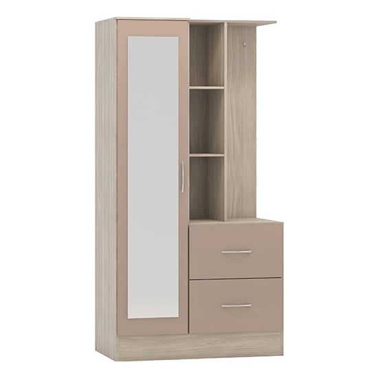 Read more about Mack mirrored gloss wardrobe with open shelf in oyster light oak