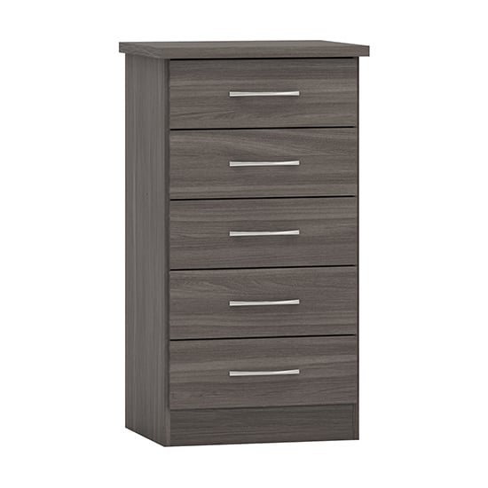 Photo of Mack narrow wooden chest of 5 drawers in black wood grain