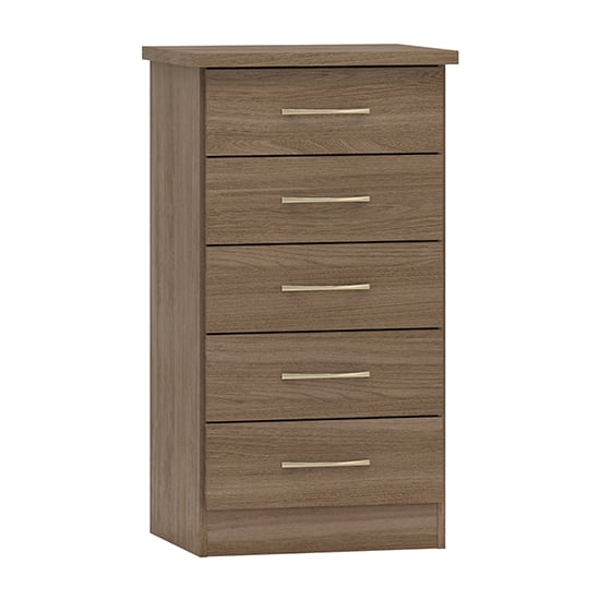 Photo of Mack narrow wooden chest of 5 drawers in rustic oak effect