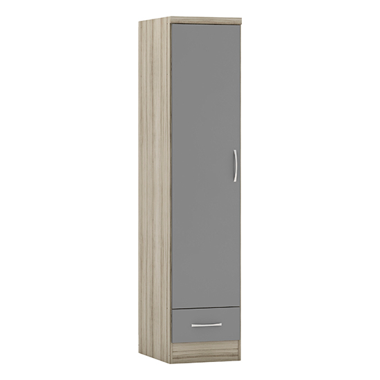 Mack Light Oak Wooden Wardrobe With 1 Door Grey Gloss Front