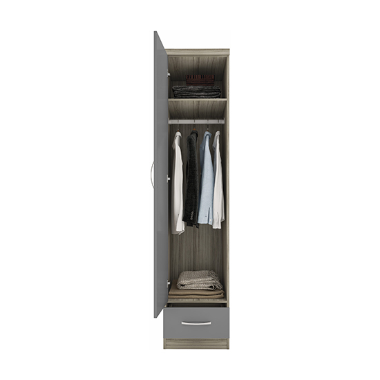 Mack Light Oak Wooden Wardrobe With 1 Door Grey Gloss Front