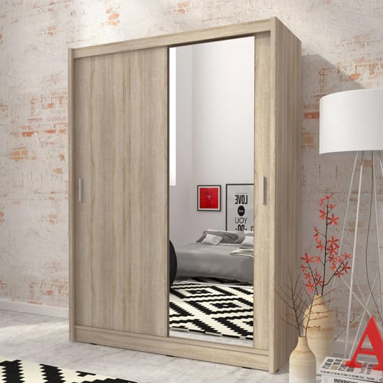 Product photograph of Mack Wooden Wardrobe With 1 Mirrored Sliding Door In Sonoma Oak from Furniture in Fashion