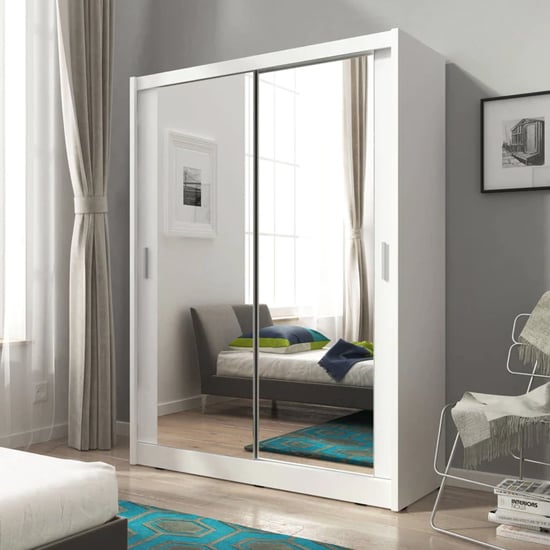 Product photograph of Mack Wooden Wardrobe With 2 Mirrored Sliding Door In Matt White from Furniture in Fashion