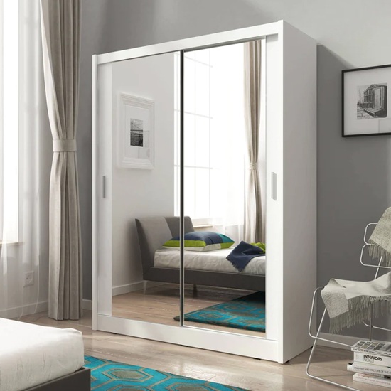 Photo of Mack wooden wardrobe with 2 mirrored sliding door in matt white