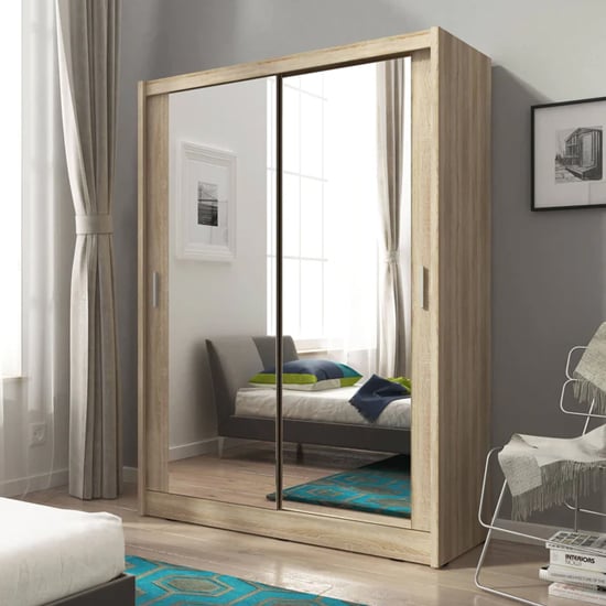 Product photograph of Mack Wooden Wardrobe With 2 Mirrored Sliding Door In Sonoma Oak from Furniture in Fashion