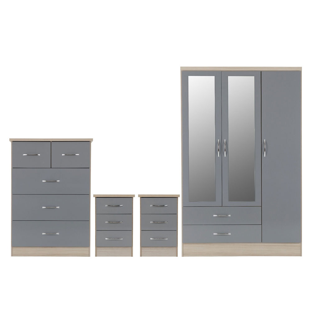 Mack Wooden Bedroom Furniture Set with 3 Doors in Grey Gloss