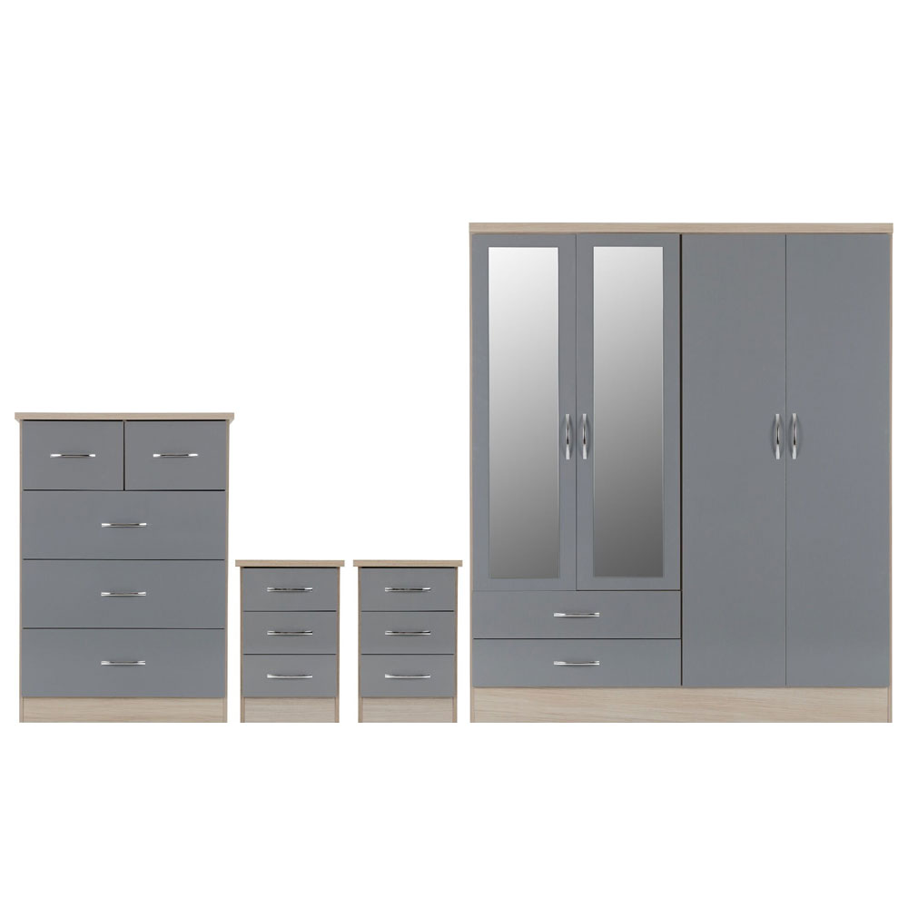 Mack Wooden Bedroom Furniture Set with 4 Doors in Grey Gloss and Light Oak
