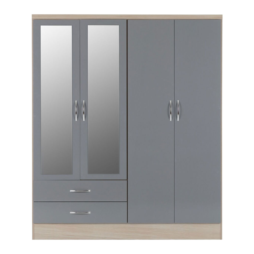 Mack Wooden Bedroom Furniture Set with 4 Doors in Grey Gloss and Light Oak