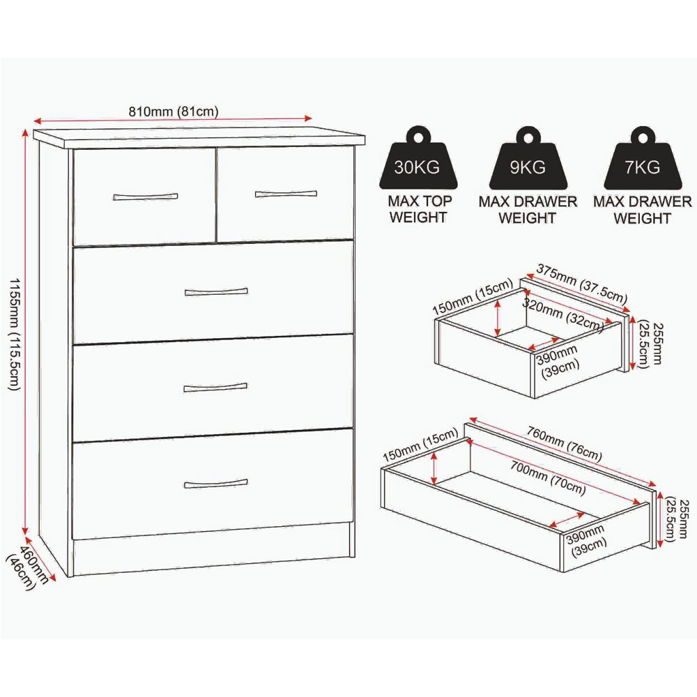 Mack Wooden Chest Of 5 Drawers in Grey Gloss