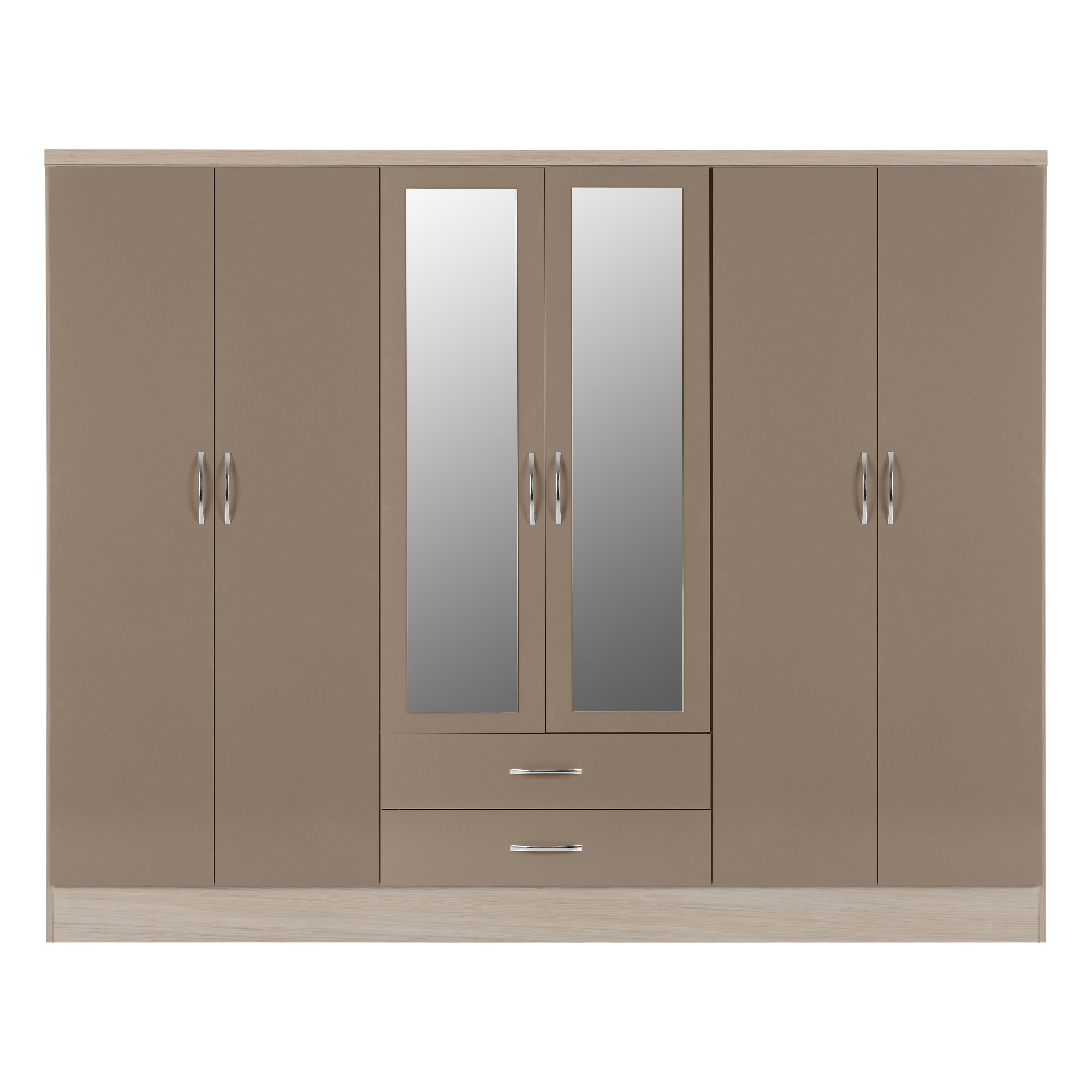 Mack Wooden Wardrobe With 6 Door And Oyster Gloss Front In Oak