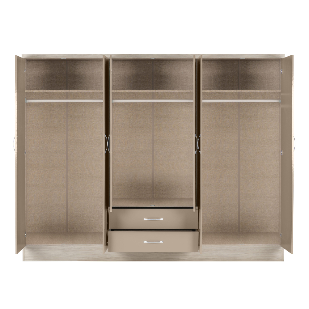 Mack Wooden Wardrobe With 6 Door And Oyster Gloss Front In Oak