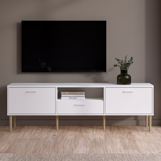 Read more about Macomb wooden tv stand with 2 doors 1 drawer in white