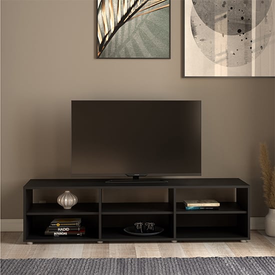 Read more about Macomb wooden tv stand with 6 shelves in black