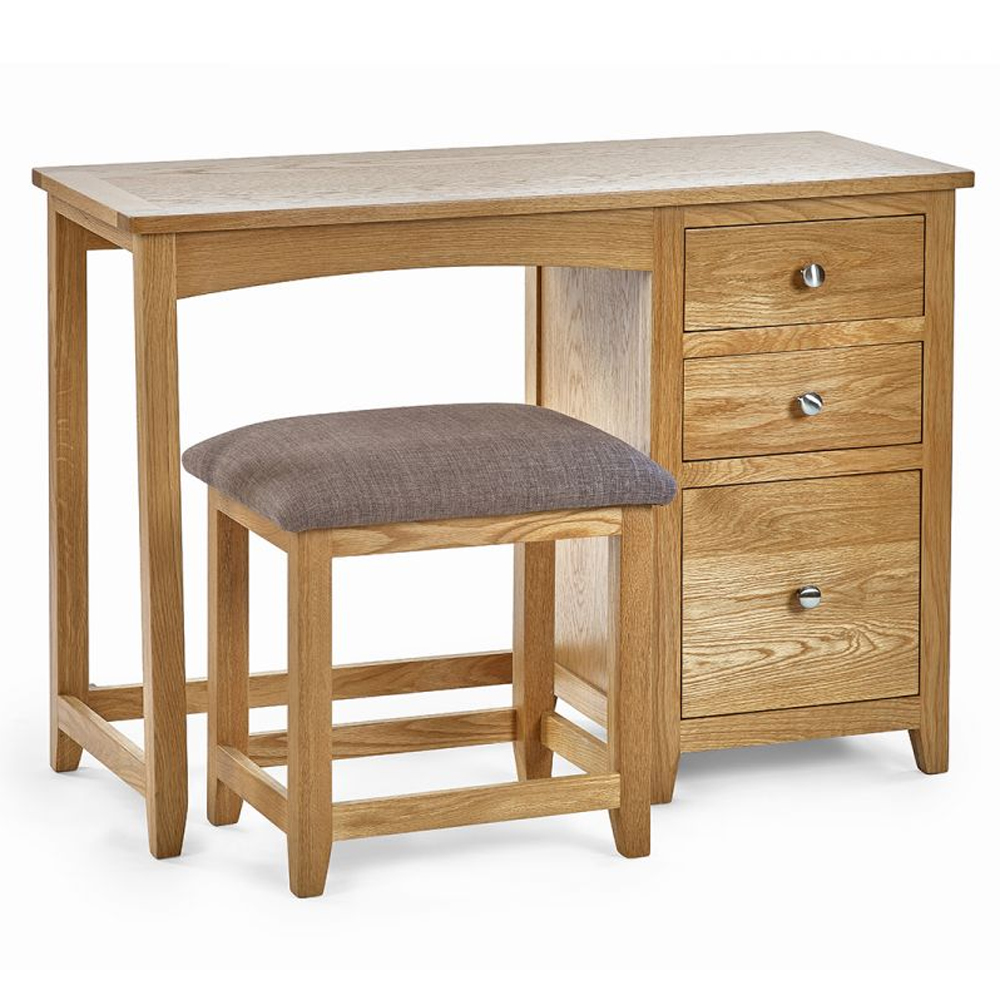 Macon Wooden Dressing Table With 3 Drawers And Stool In Oak