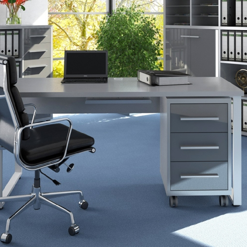 Macon Wooden Laptop Desk With 3 Glass Drawers In Platinum Grey