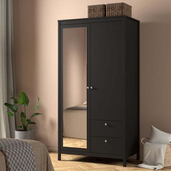 Product photograph of Macron Mirrored Wooden Wardrobe 2 Doors 2 Drawers In Black from Furniture in Fashion