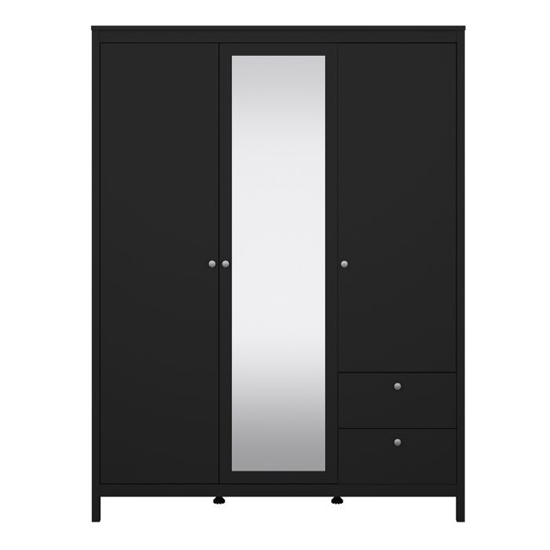Macron Mirrored Wooden Wardrobe 3 Doors 2 Drawers In Black