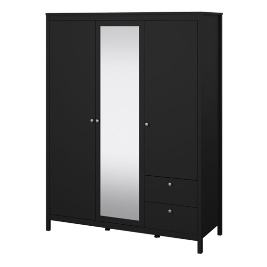 Macron Mirrored Wooden Wardrobe 3 Doors 2 Drawers In Black