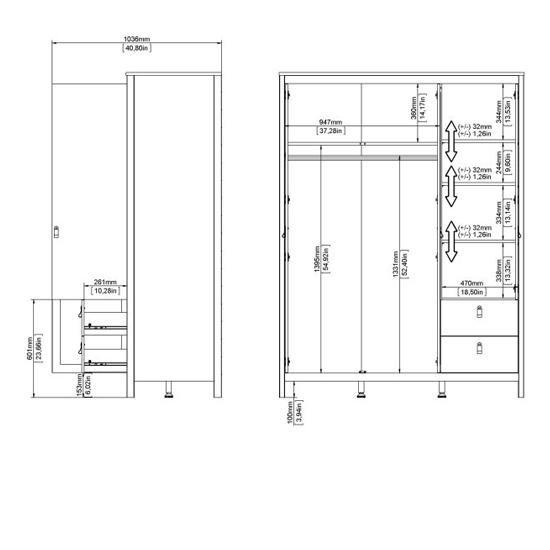 Macron Mirrored Wooden Wardrobe 3 Doors 2 Drawers In Black