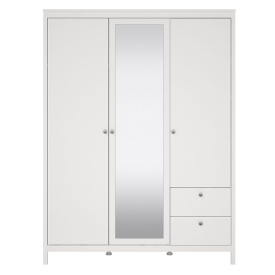 Macron Mirrored Wooden Wardrobe 3 Doors 2 Drawers In White