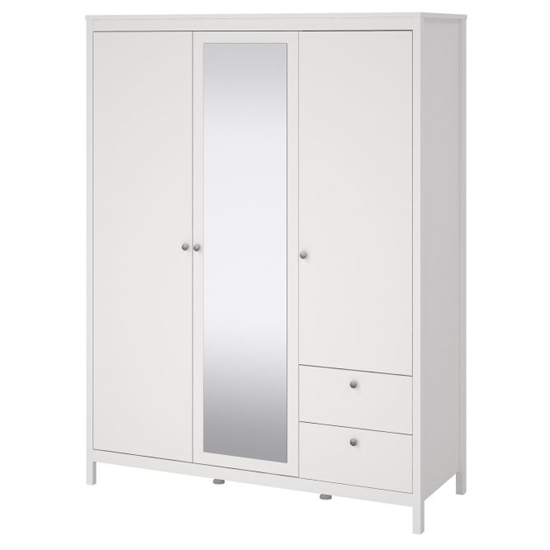 Macron Mirrored Wooden Wardrobe 3 Doors 2 Drawers In White