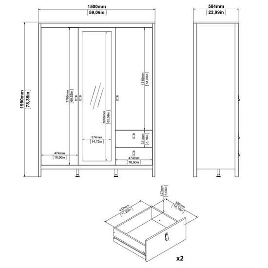 Macron Mirrored Wooden Wardrobe 3 Doors 2 Drawers In White