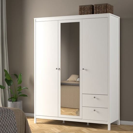 Product photograph of Macron Mirrored Wooden Wardrobe 3 Doors 2 Drawers In White from Furniture in Fashion