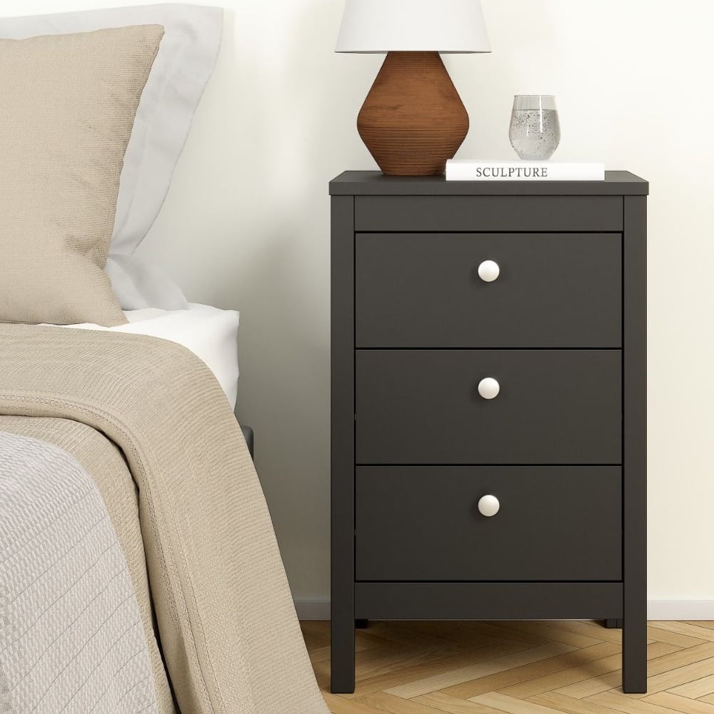 Read more about Macron wooden bedside cabinet with 3 drawers in matt black