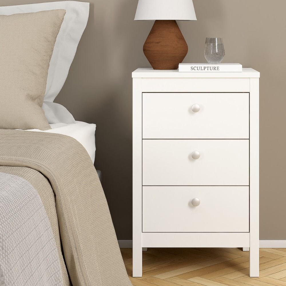 Read more about Macron wooden bedside cabinet with 3 drawers in white