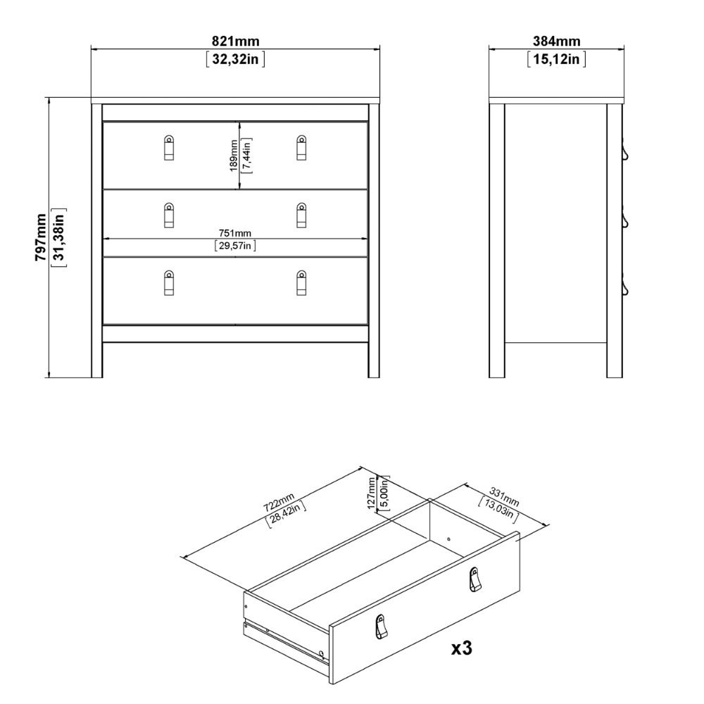 Macron Wooden Chest Of 3 Drawers In Oak