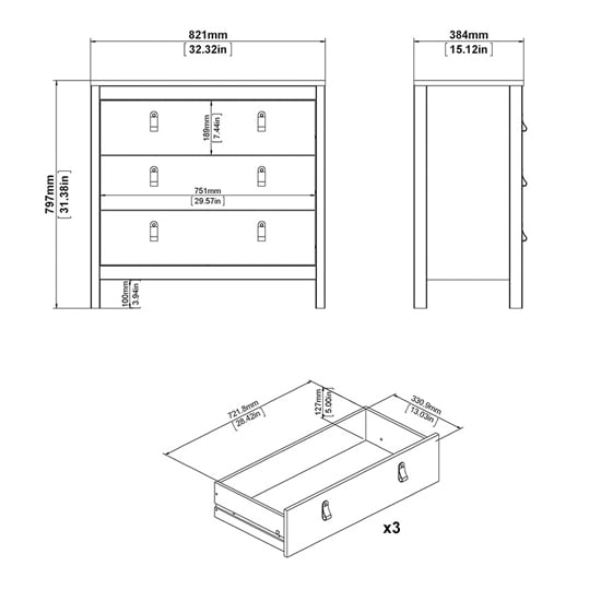 Macron Wooden Chest Of 3 Drawers In White